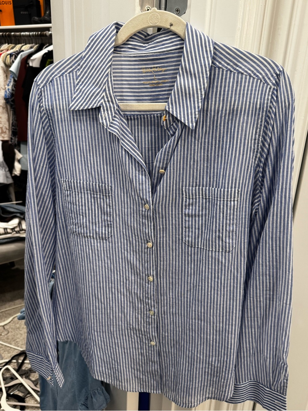 Lilly Pulitzer Linen Blue and White Striped Button-Up Shirt